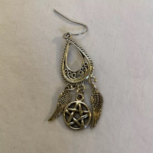 Teardrop Dangle Angel Wings Pentagram Star 925 Necklace 18" Matching Earrings - Picture 12 of 14